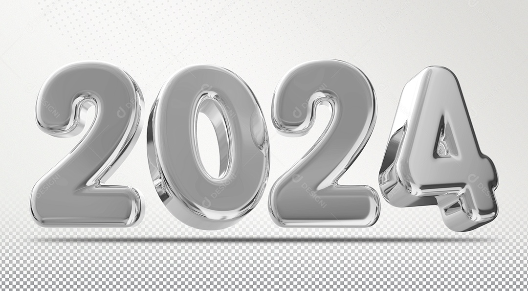 Número 2024 Prata de Ano Novo Elemento 3D para Composição PSD
