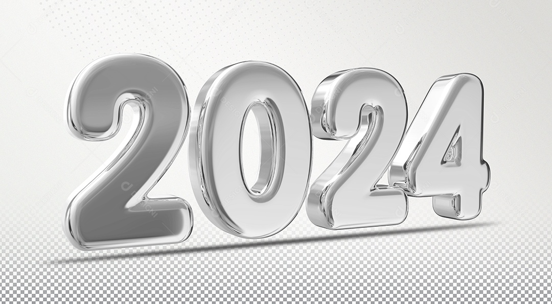 Número 2024 Prata de Ano Novo Elemento 3D para Composição PSD