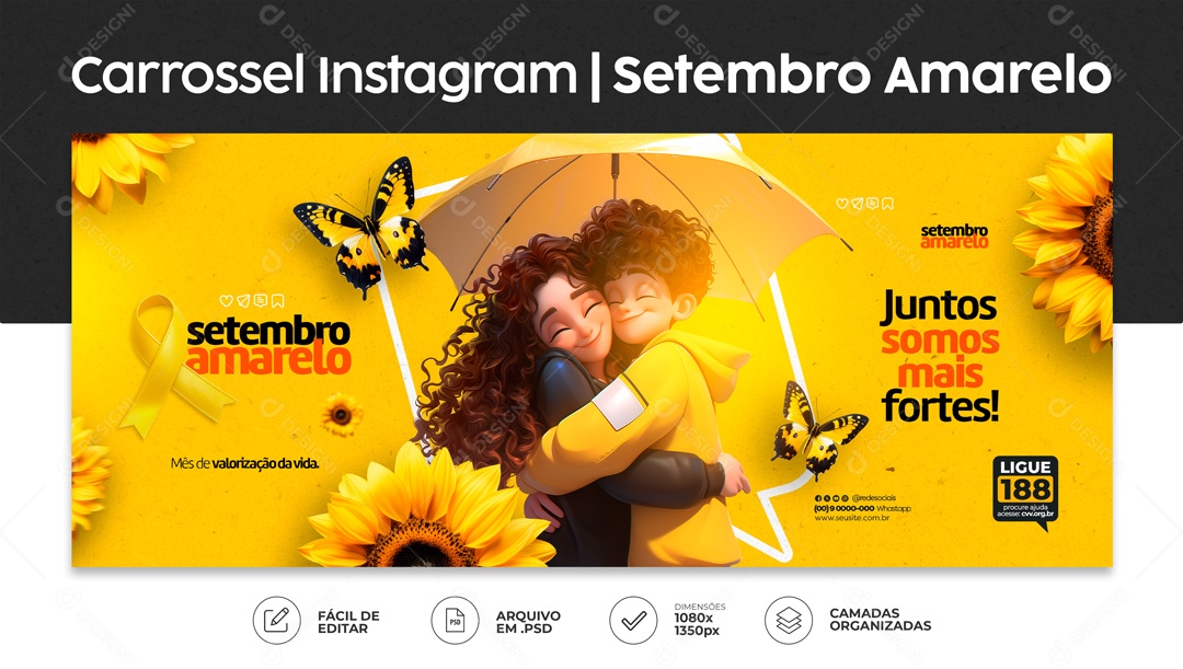 Banner Setembro Amarelo Juntos Somos mais Forte Social Media PSD Editavel