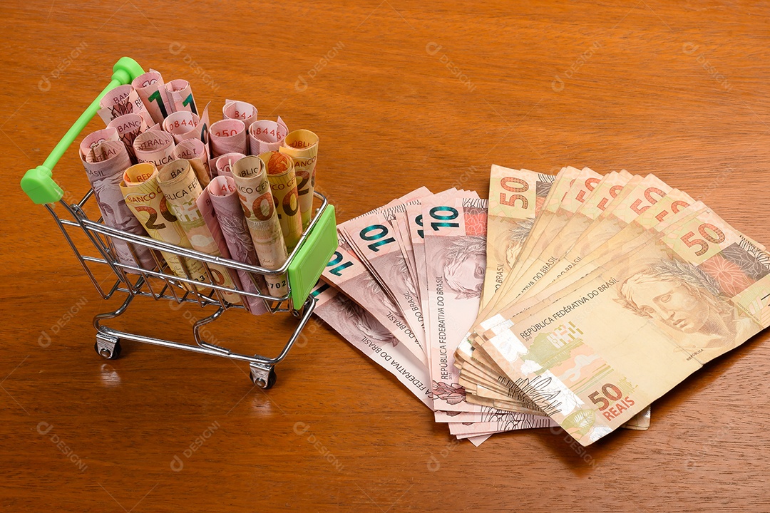 Carrinho de compra com muitos dinheiro dentro