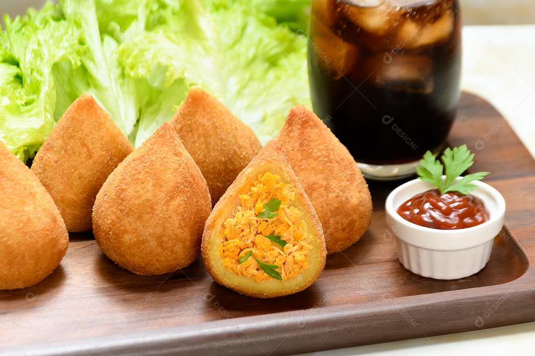 Delicious crucibles with ketchup sauce and cola coconut glass