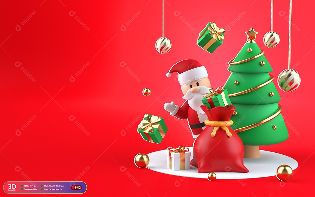 Papai Noel Presentes Árvore de Natal Elemento 3D Para Composição PSD