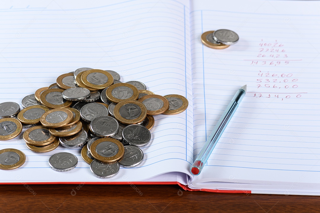 Muitas moedas sobre um caderno