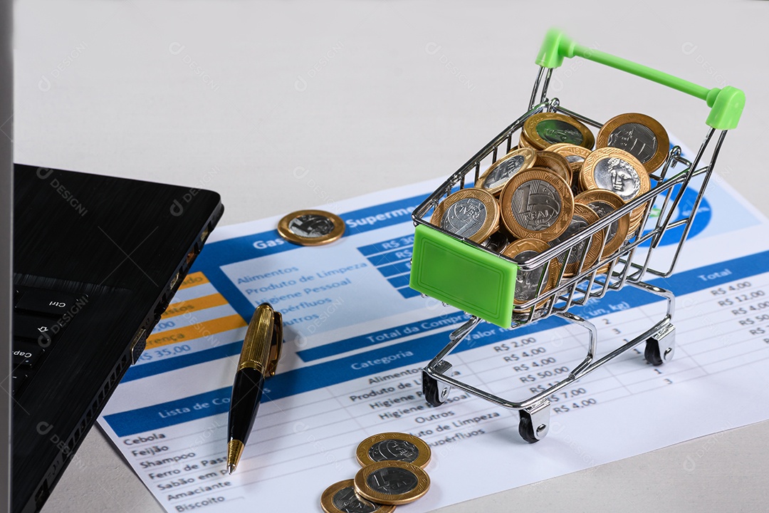Laptop tabelas de economia e carrinho cheio de moedas
