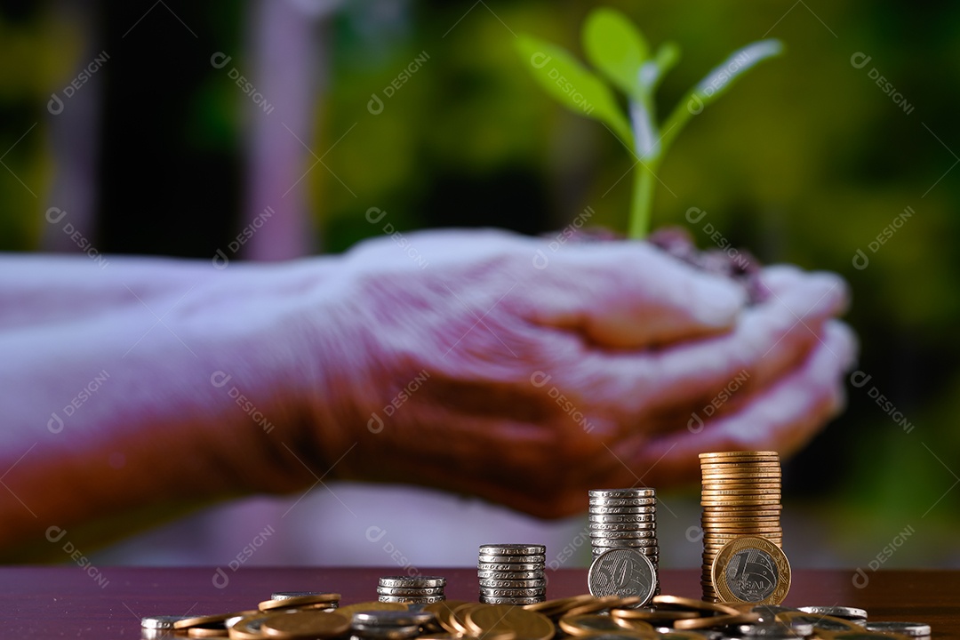 Moedas empilhadas sobre fundo de mãos com planta