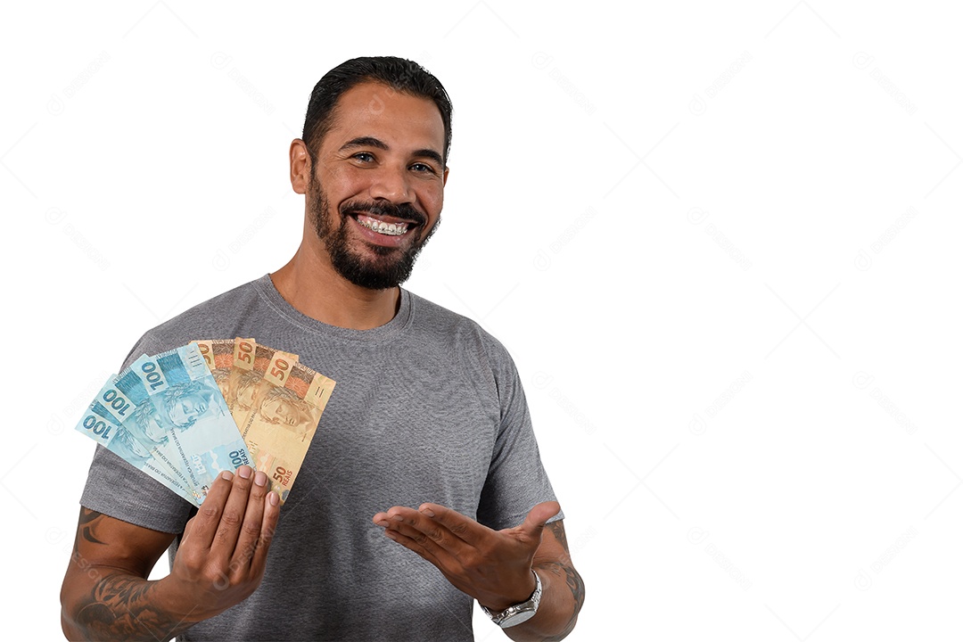 Homem feliz com muitas notas de dinheiro na mão