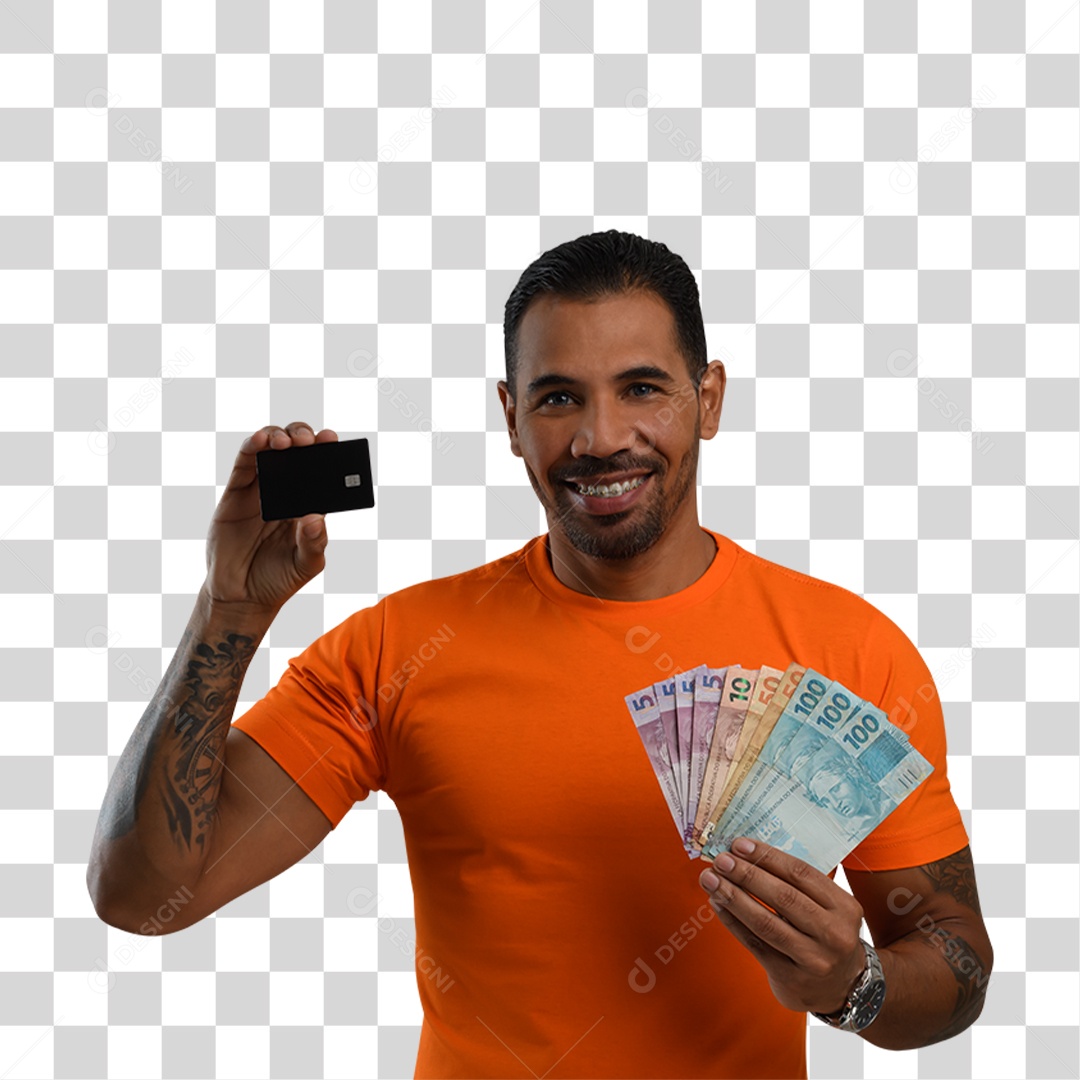 Personagem 3D Homen Segurando Dinheiro e um Cartão PNG Transparente