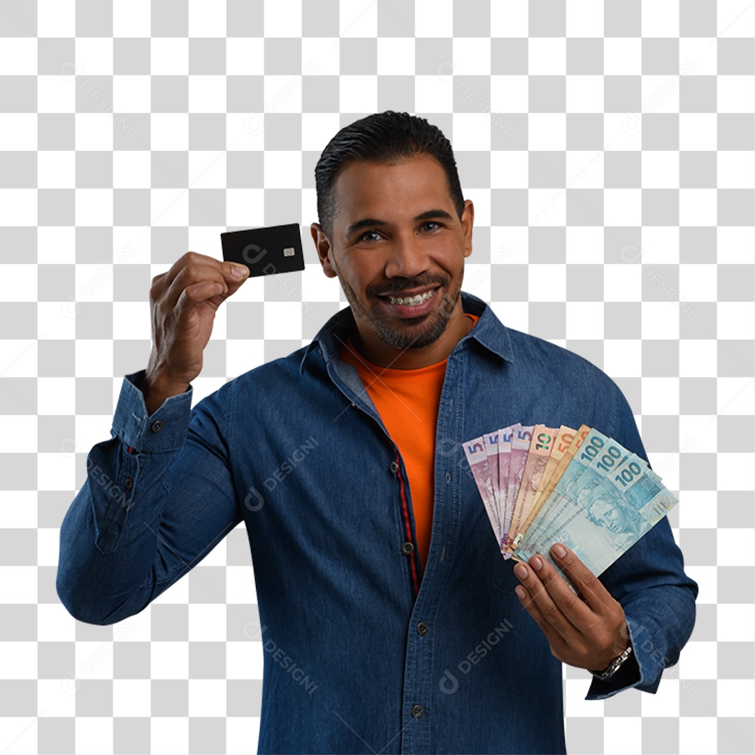 Personagem 3D Homen Segurando Dinheiro e um Cartão PNG Transparente