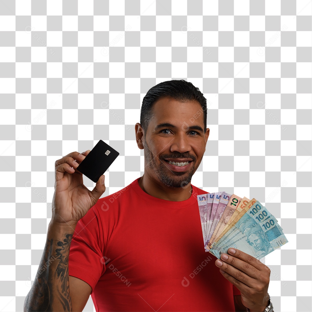 Personagem 3D Homen Segurando Dinheiro e um Cartão PNG Transparente