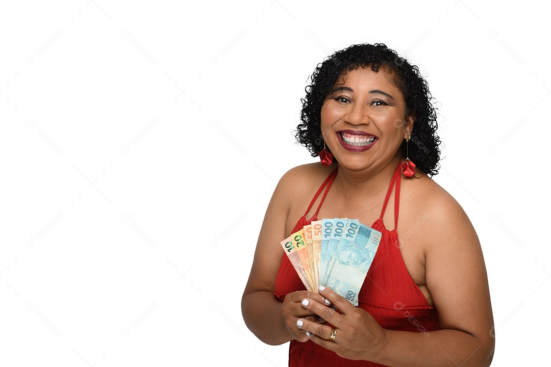 Mulher linda de vermelho com dinheiro na mão