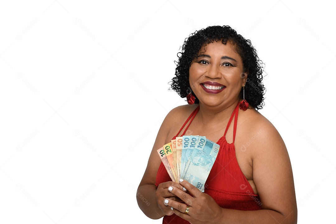 Mulher linda de vermelho com dinheiro na mão