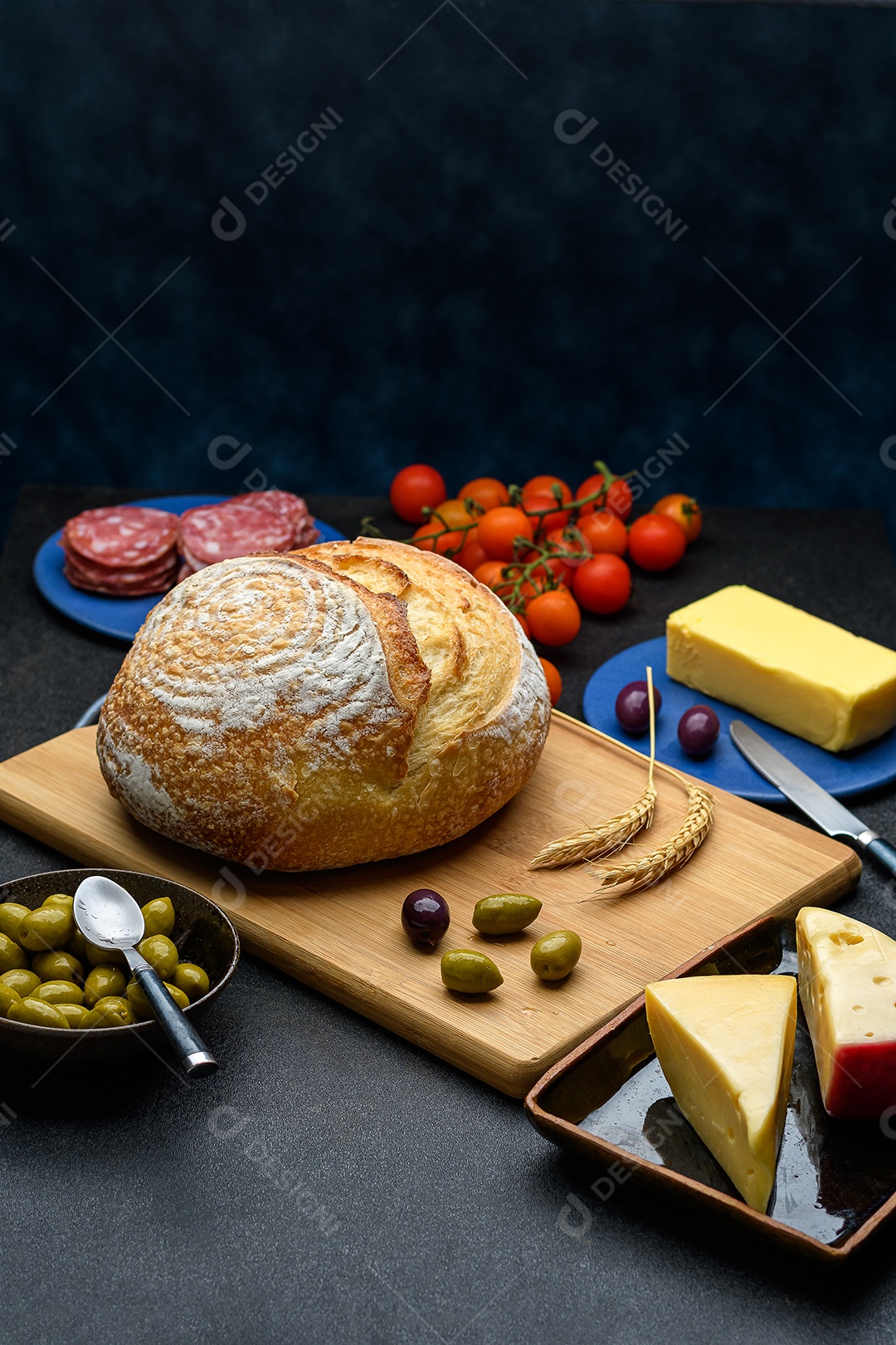 Pão caseiro com salame tomates e queijo manteiga