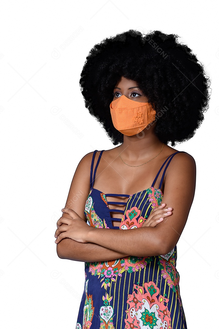 A beautiful young woman in colored dress wearing orange mask