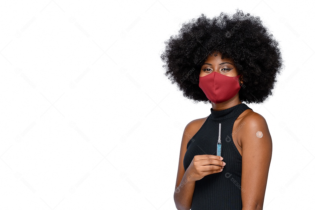 Young wearing mask with syringe on hands and vaccine brand