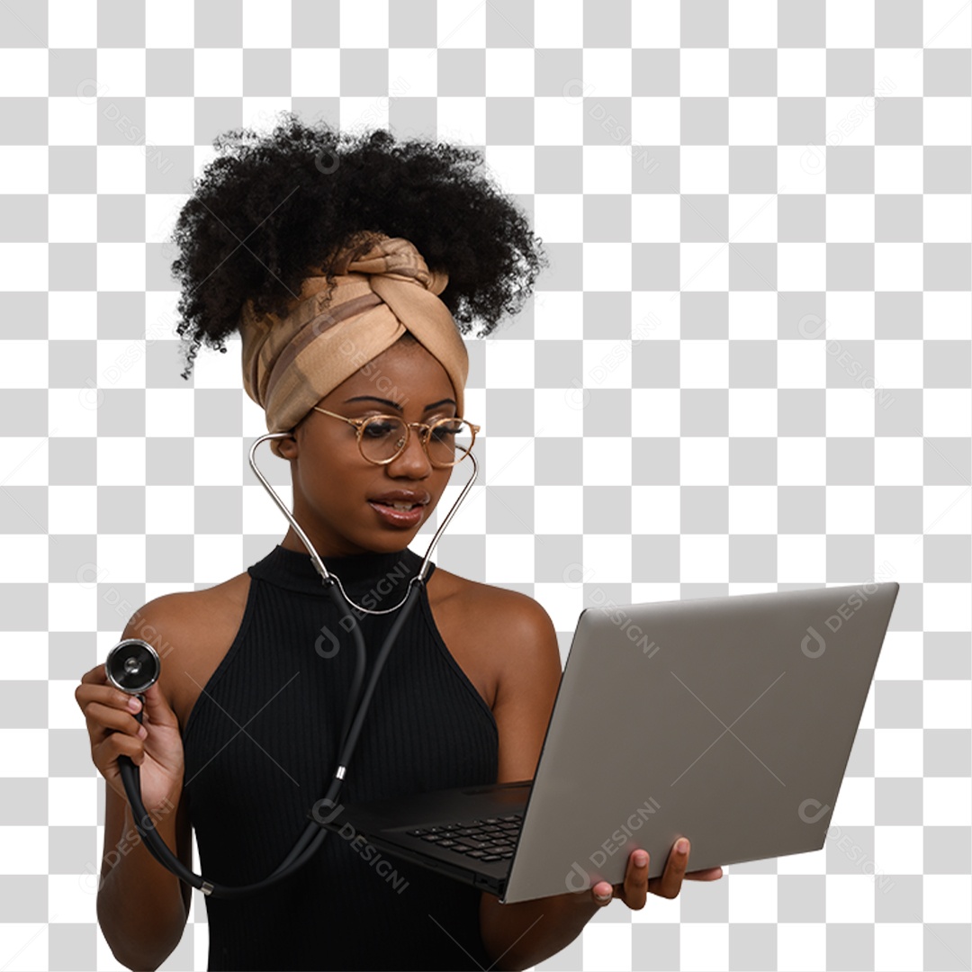 Mulher Morena Segurando Notebook e Estetoscópio PNG Transparente
