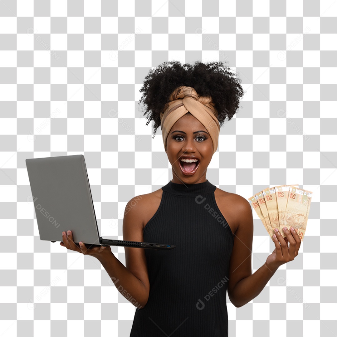 Mulher Morena Segurando Notebook e Dinheiro PNG Transparente