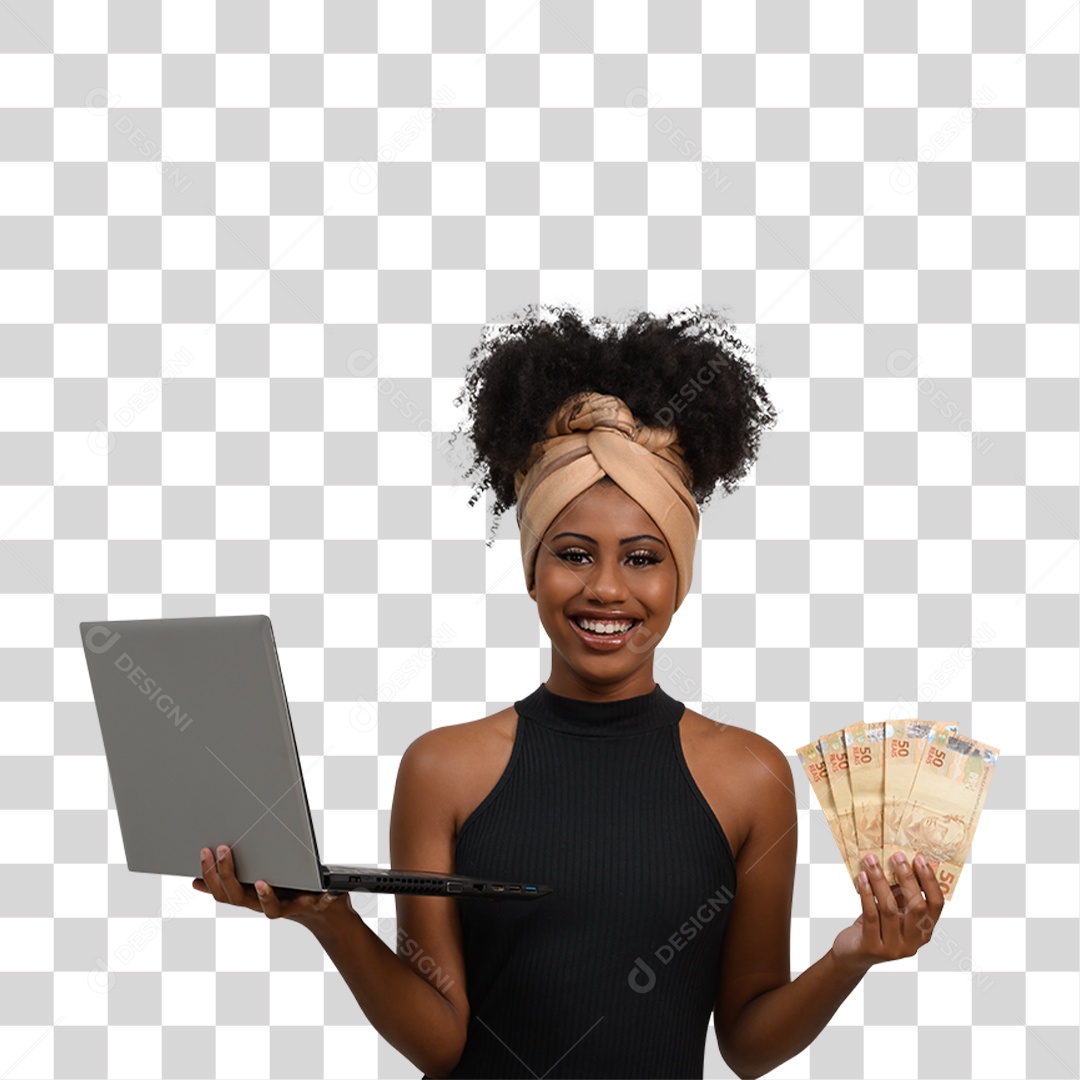 Mulher Morena Segurando Notebook e Dinheiro PNG Transparente