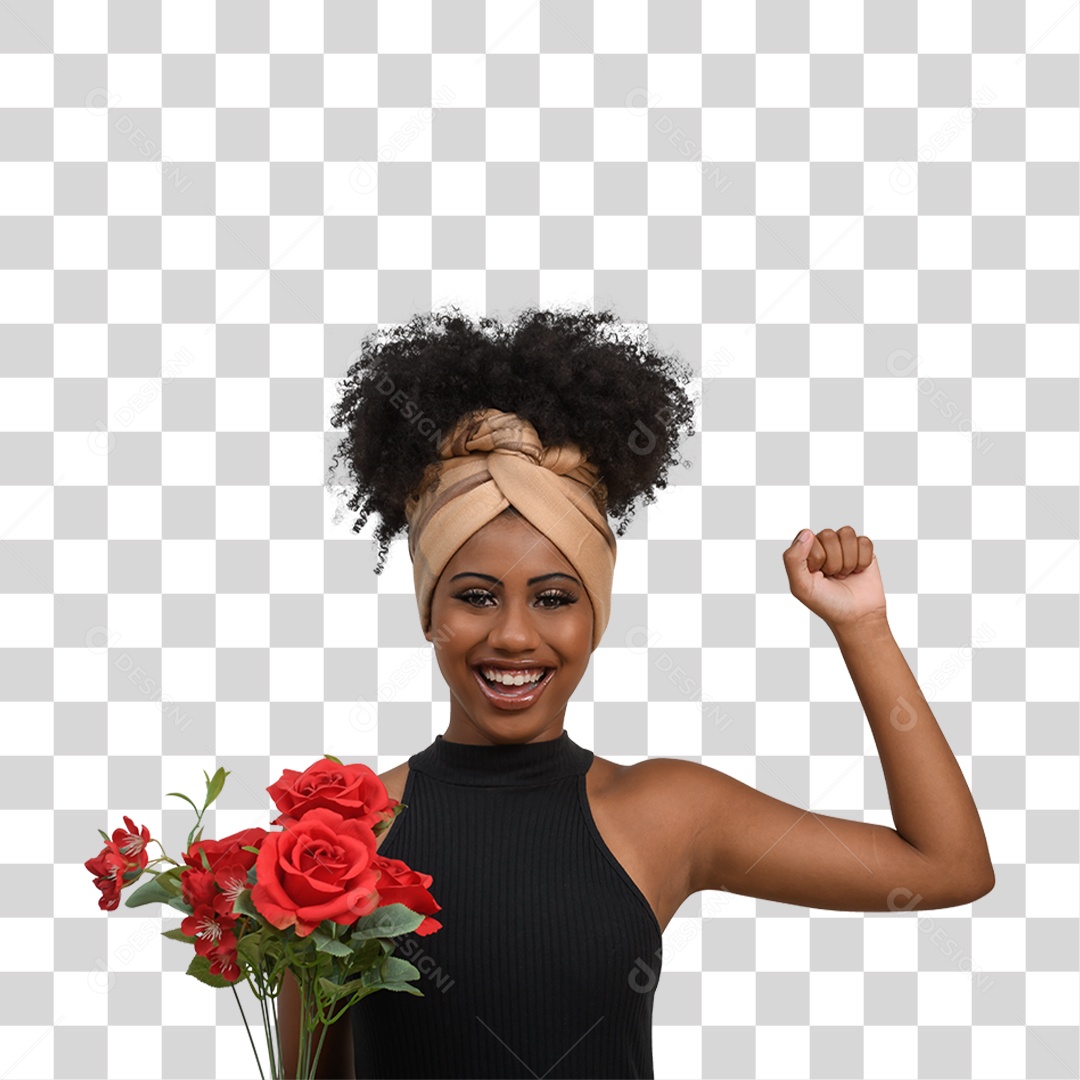 Mulher Morena Segurando Buquê de Flores PNG Transparente