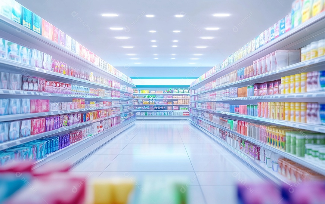 Prateleiras desfocadas em supermercados e lojas de departamentos