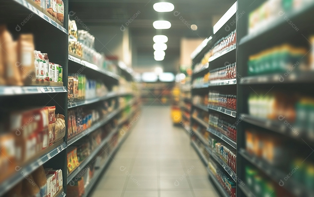 Prateleiras desfocadas em supermercados e lojas de departamentos