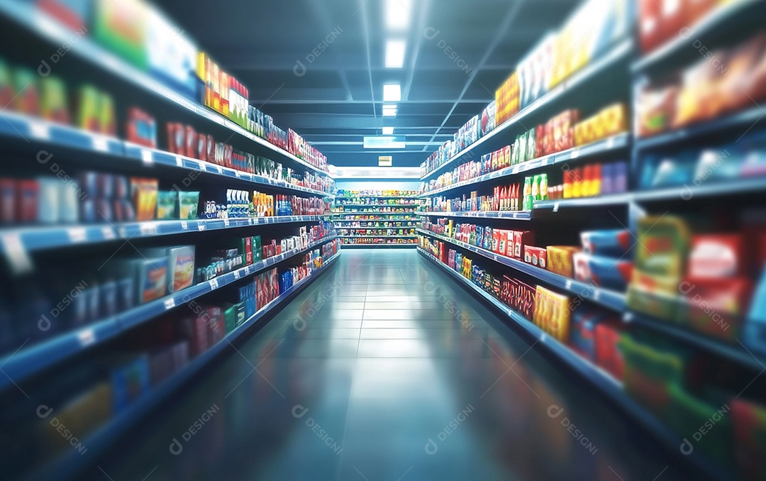 Prateleiras desfocadas em supermercados e lojas de departamentos