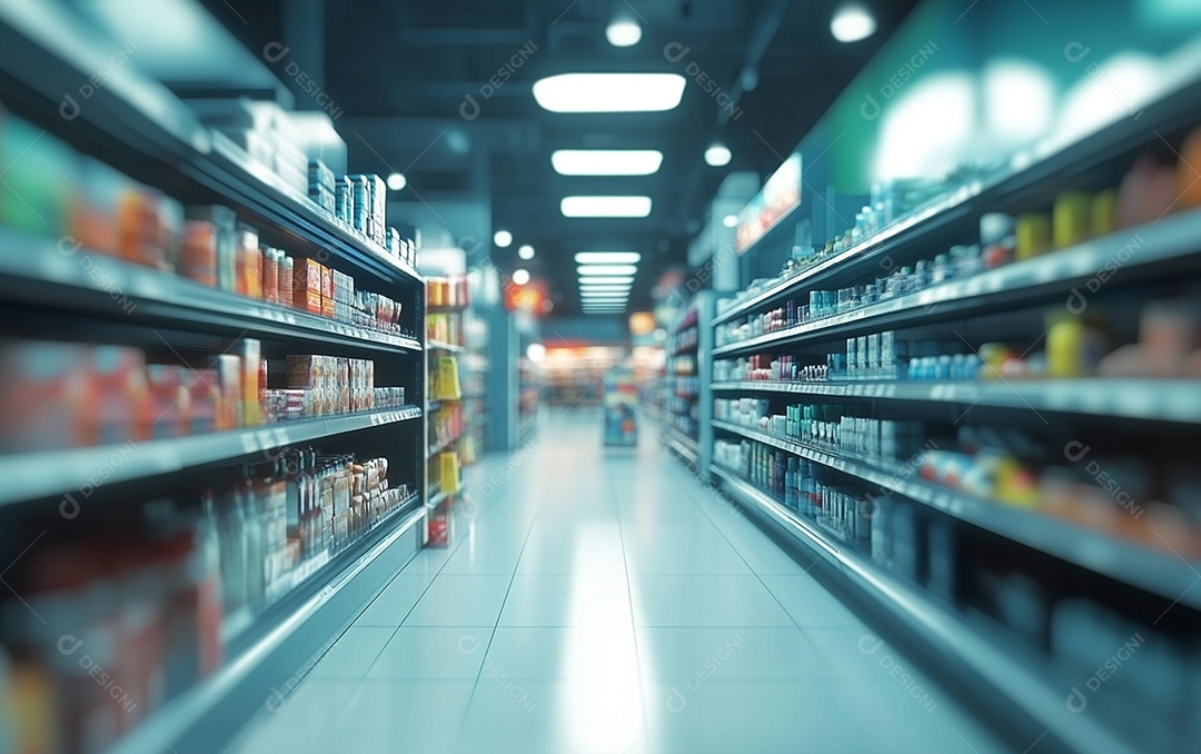 Prateleiras desfocadas em supermercados e lojas de departamentos