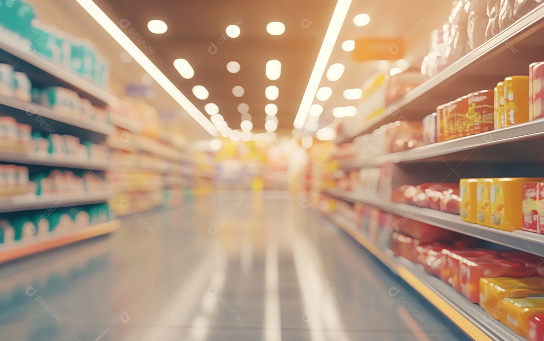 Prateleiras desfocadas em supermercados e lojas de departamentos