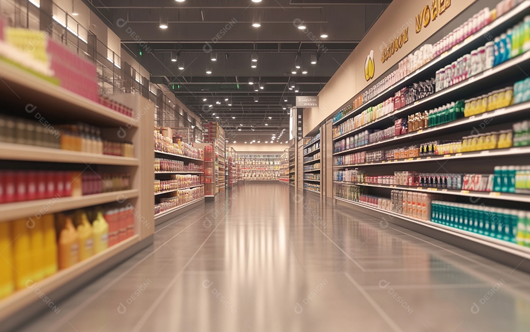 Prateleiras desfocadas em supermercados e lojas de departamentos