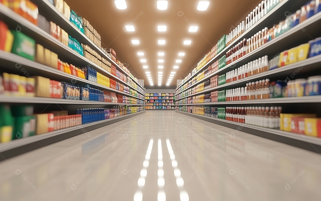 Prateleiras de compras desfocadas em supermercados