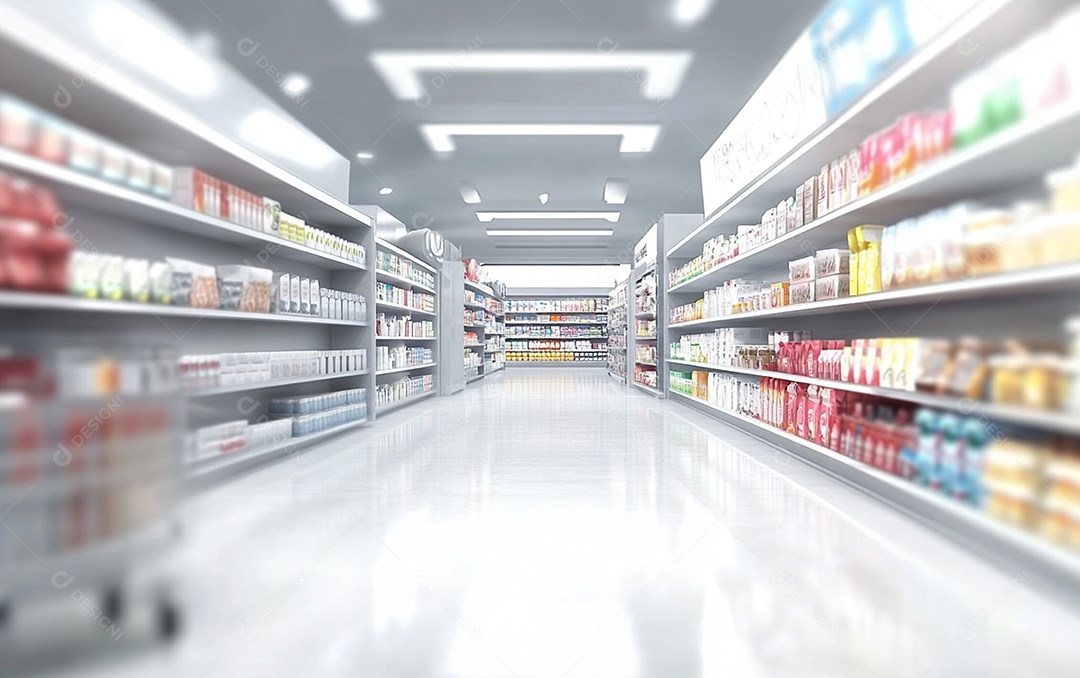 Prateleiras de compras desfocadas em supermercados