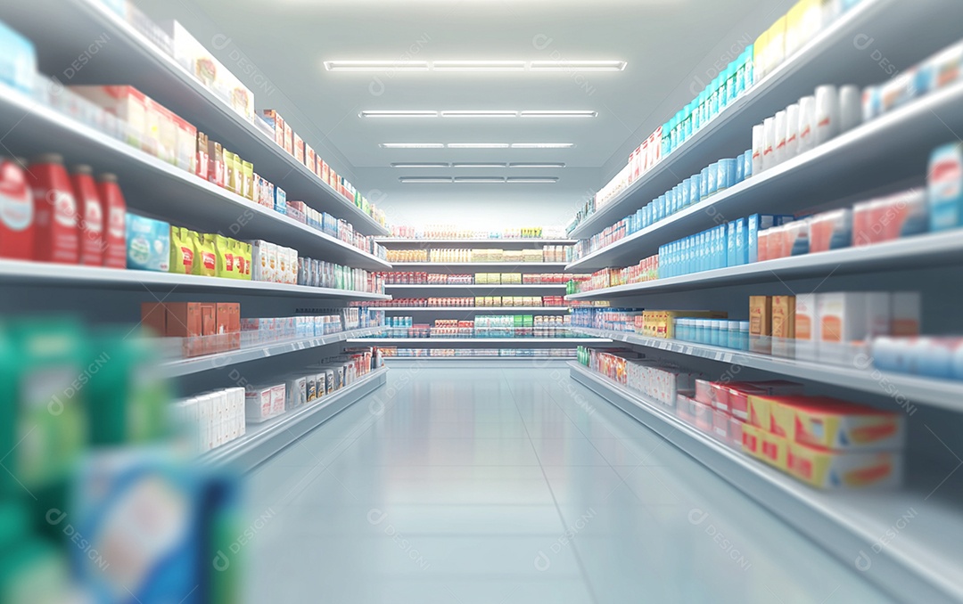 Prateleiras de compras desfocadas em supermercados