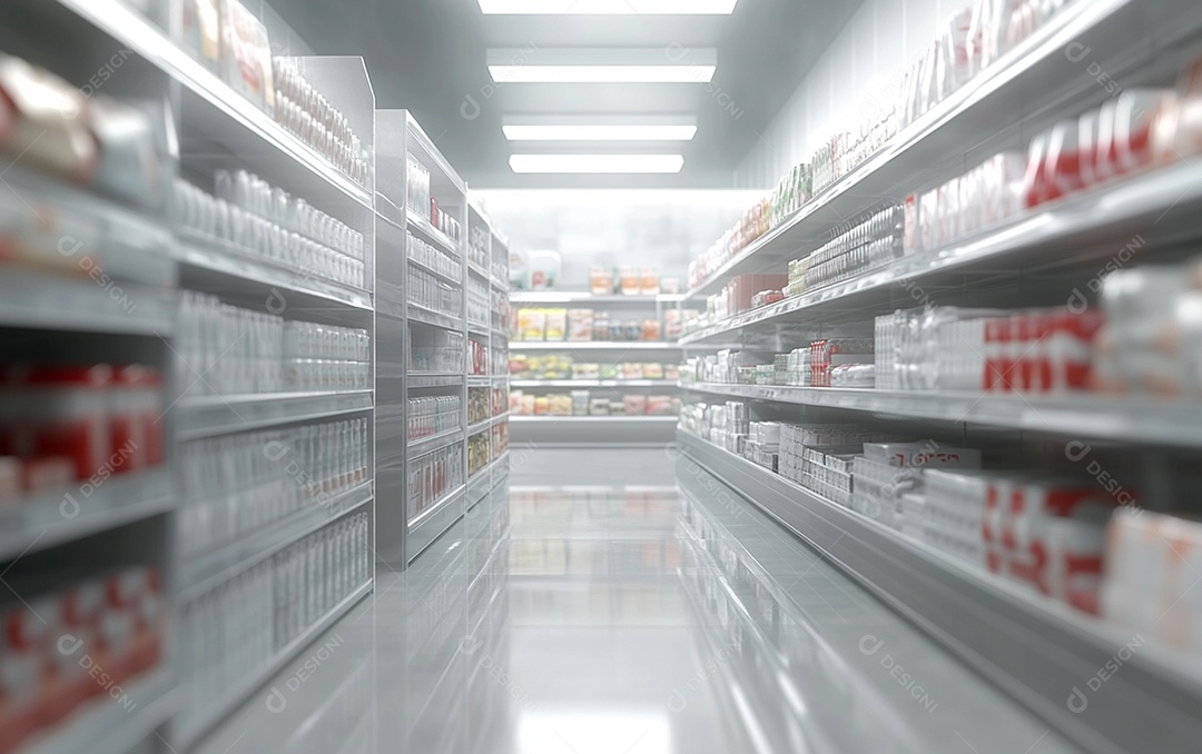 Prateleiras de compras desfocadas em supermercados