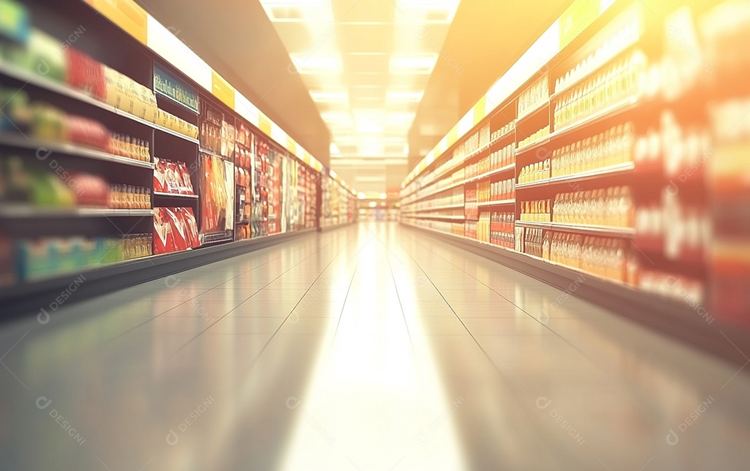 Prateleiras de compras desfocadas em supermercados