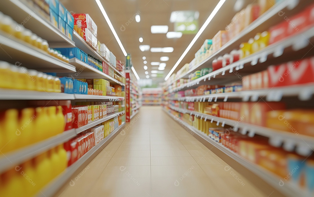 Prateleiras de compras desfocadas em supermercados