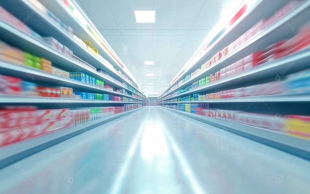 Prateleiras de compras desfocadas em supermercados