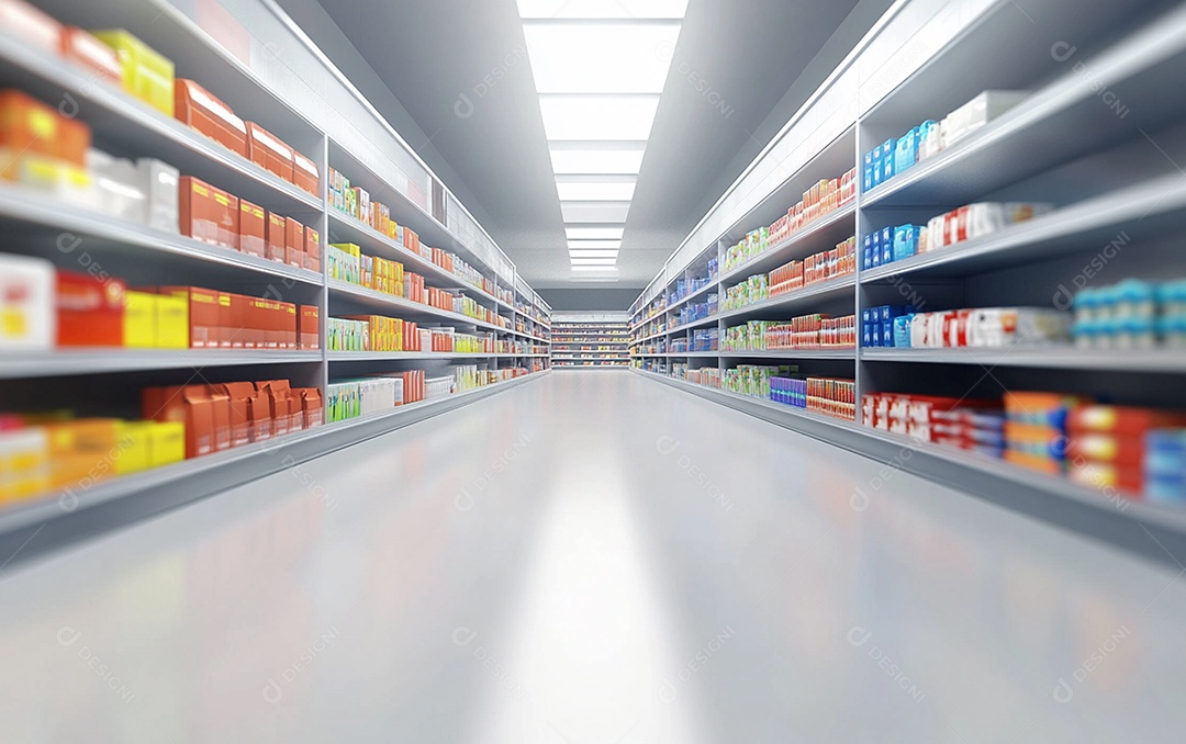 Prateleiras de compras desfocadas em supermercados