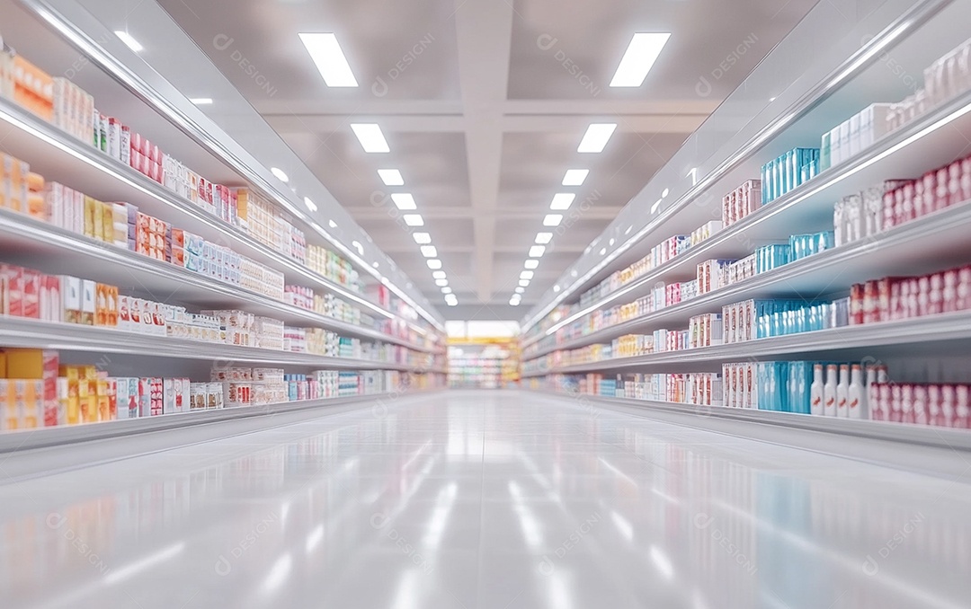 Prateleiras de compras desfocadas em supermercados