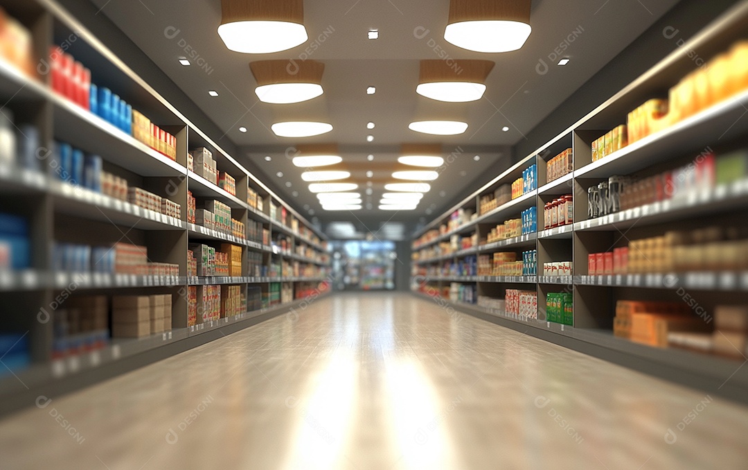 Prateleiras de compras desfocadas em supermercados