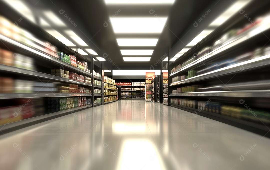 Prateleiras de compras desfocadas em supermercados