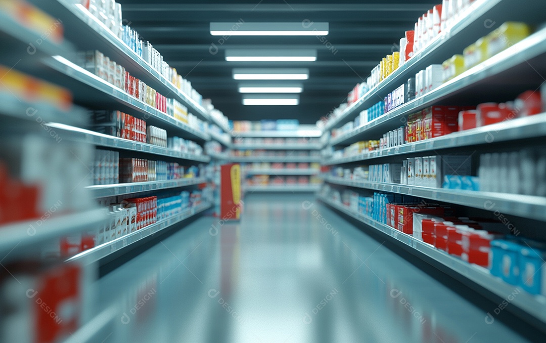 Prateleiras de compras desfocadas em supermercados