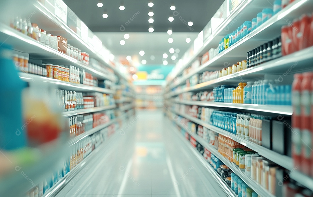 Prateleiras de compras desfocadas em supermercados