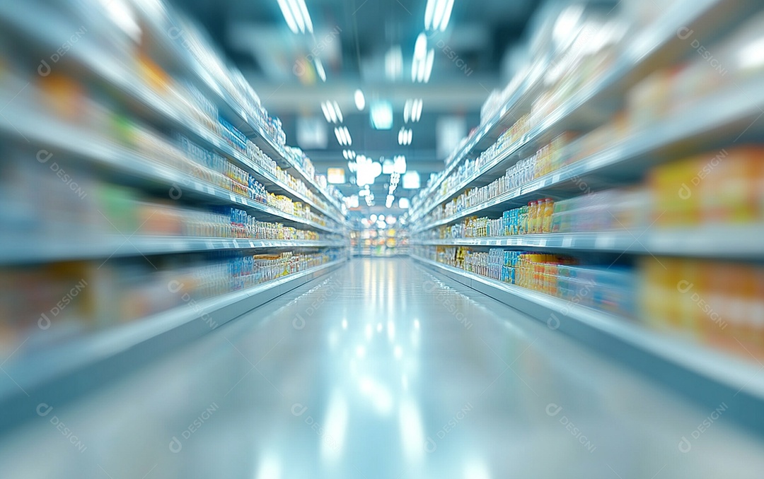 Prateleiras de compras desfocadas em supermercados