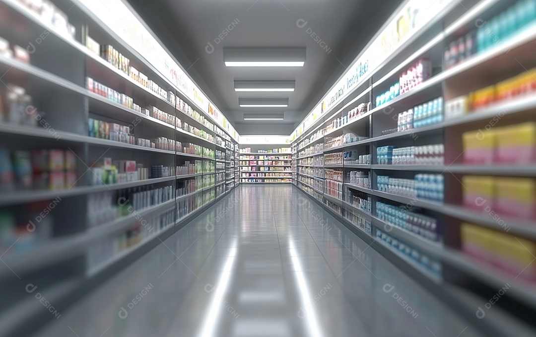 Prateleiras de compras desfocadas em supermercados