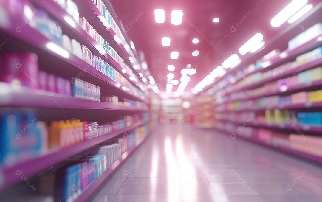 Prateleiras de compras desfocadas em supermercados