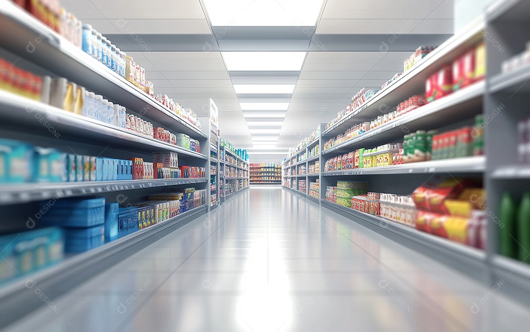 Prateleiras de compras desfocadas em supermercados