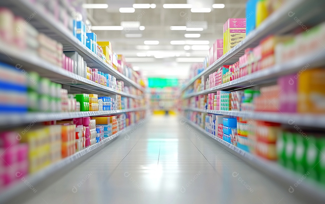 Prateleiras de compras desfocadas em supermercados