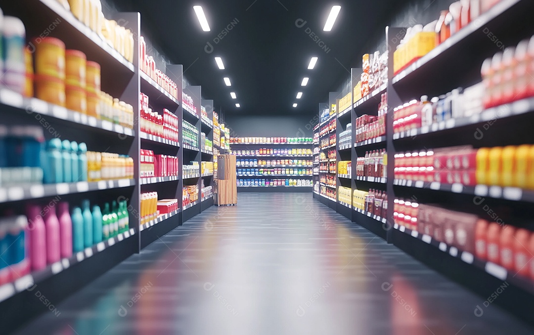 Prateleiras de compras desfocadas em supermercados