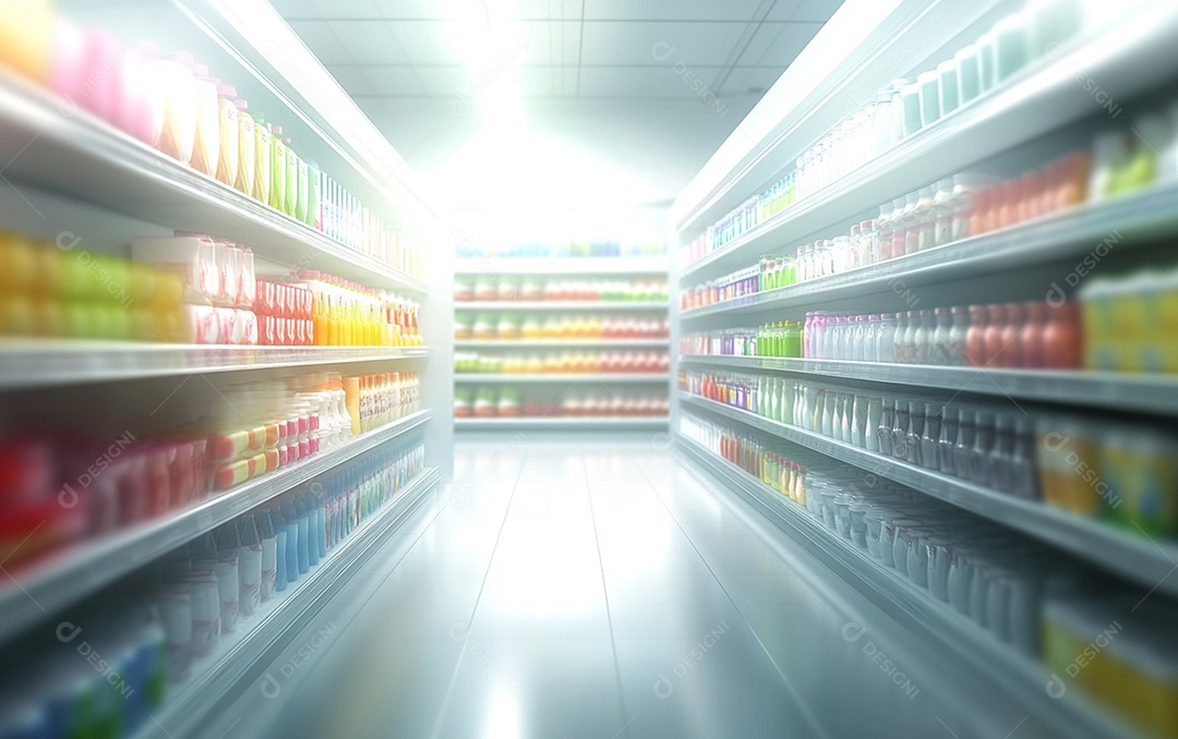 Prateleiras de compras desfocadas em supermercados