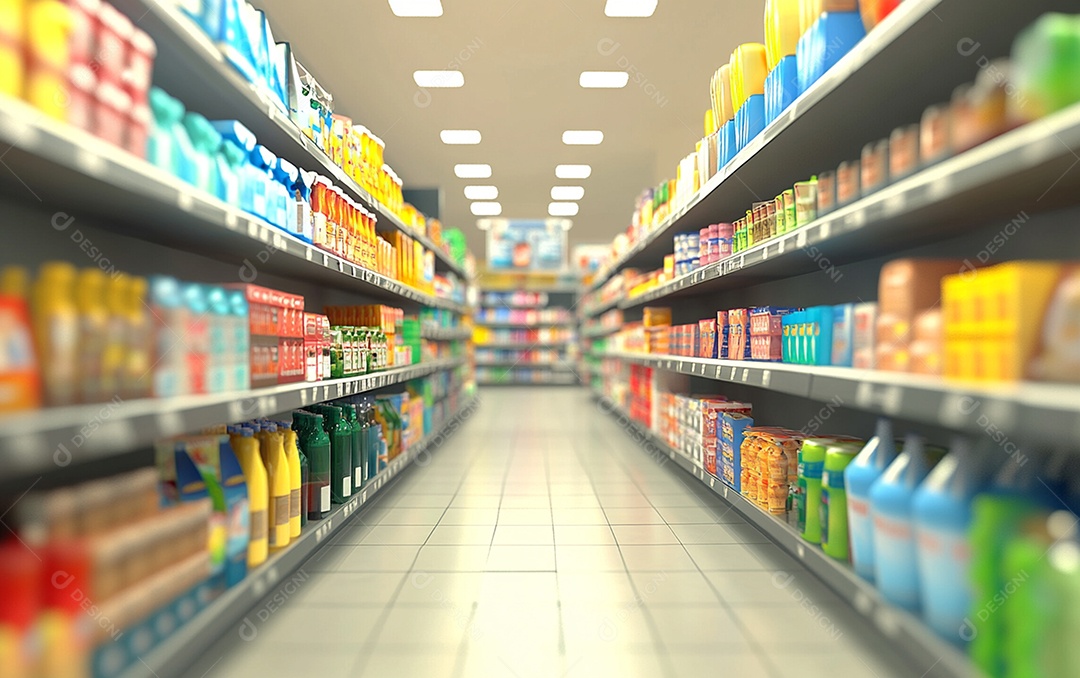 Prateleiras de compras desfocadas em supermercados