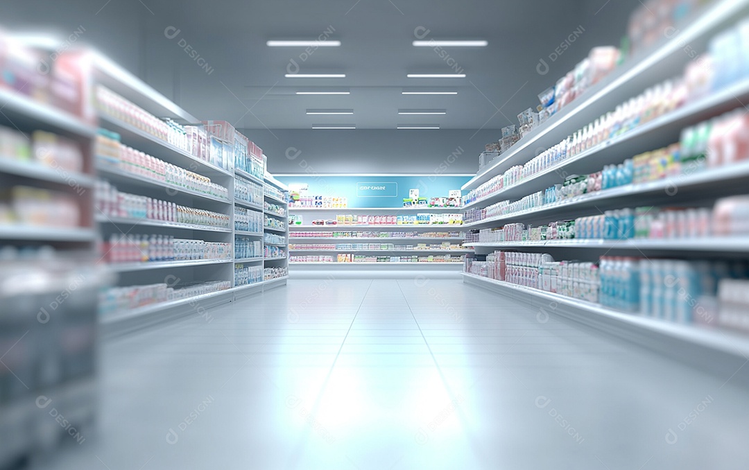 Prateleiras de compras desfocadas em supermercados